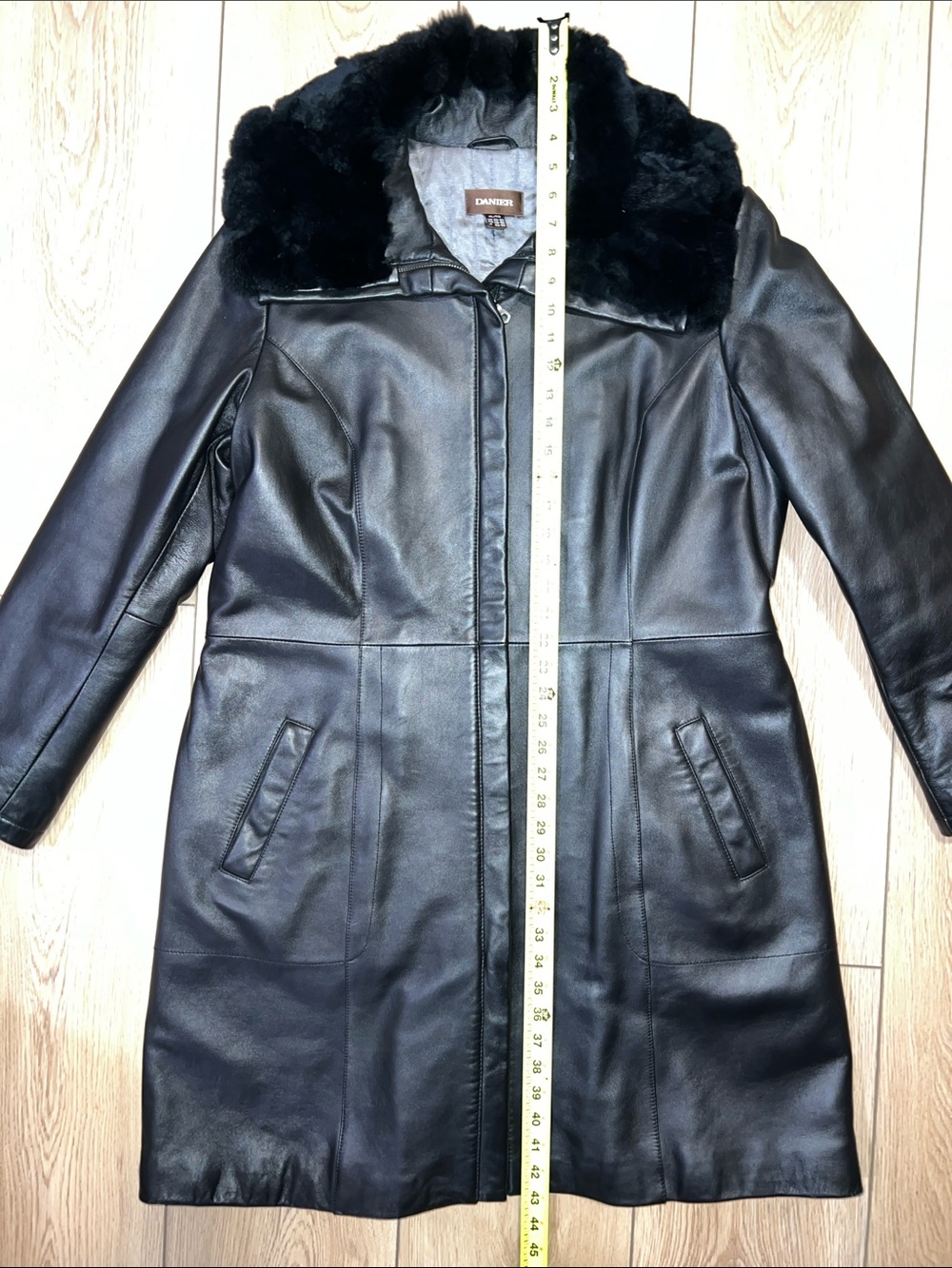 Danier Black Leather Coat with Plush Rabbit Fur Collar - Picture 13 of 15